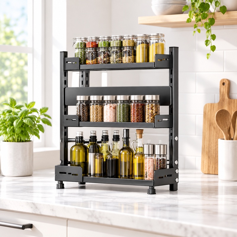 Reusable Bottle - 3-Tier Black Metal Spice Rack, Adjustable